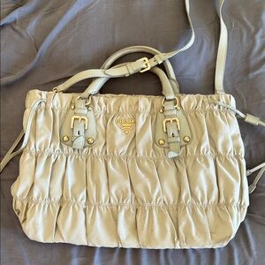 Prada Nylon Ruche Logo Plaque with Gold Hardware/ Beige